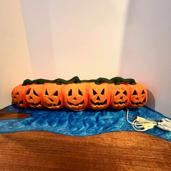 Halloween 26" Row of 7 Jack O Lantern Pumpkins Lighted Foam Blow Mold - Picture 3 of 10
